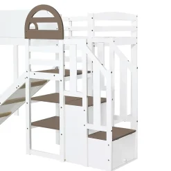 Lit superposé 90x200 cm, avec fenêtre, toboggan, 2 rangements dans l'échelle, blanc,marron