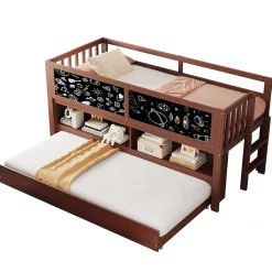 Lit superposé 90x200 cm avec lit gigogne, panneaux tableau à craie et rangement ouvert en bois massif brun