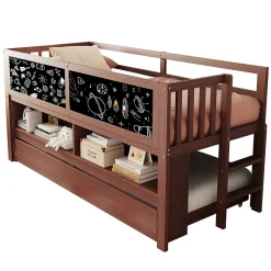 Lit superposé 90x200 cm avec lit gigogne, panneaux tableau à craie et rangement ouvert en bois massif brun