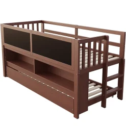 Lit superposé 90x200 cm avec lit gigogne, panneaux tableau à craie et rangement ouvert en bois massif brun