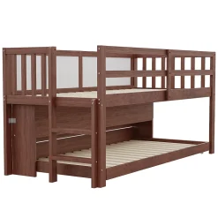 Lit superposé 90x200 cm avec lit gigogne, panneaux tableau à craie et rangement ouvert en bois massif brun