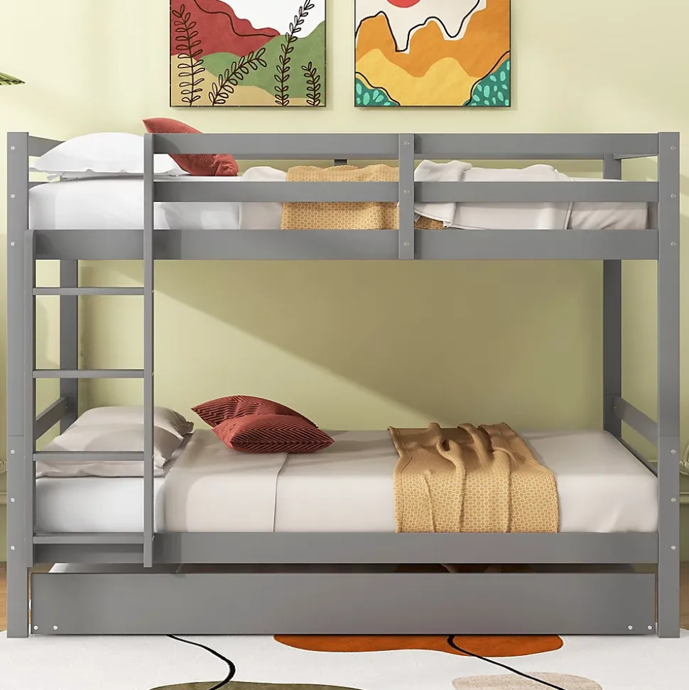 Lit superposé 140x200 cm avec lit gigogne et escalier intégré, structure pin/MDF grise