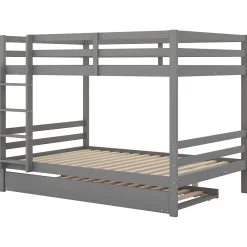 Lit superposé 140x200 cm avec lit gigogne et escalier intégré, structure pin/MDF grise