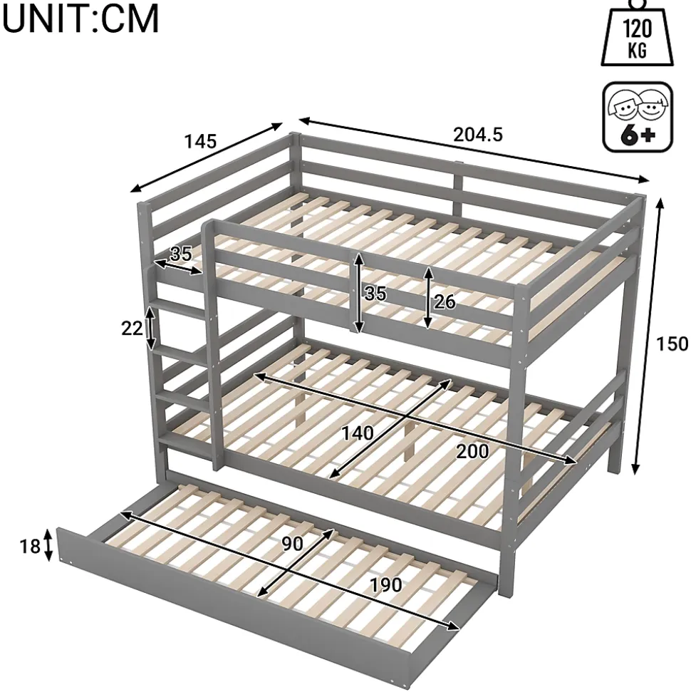 Lit superposé 140x200 cm avec lit gigogne et escalier intégré, structure pin/MDF grise