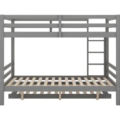 Lit superposé 140x200 cm avec lit gigogne et escalier intégré, structure pin/MDF grise