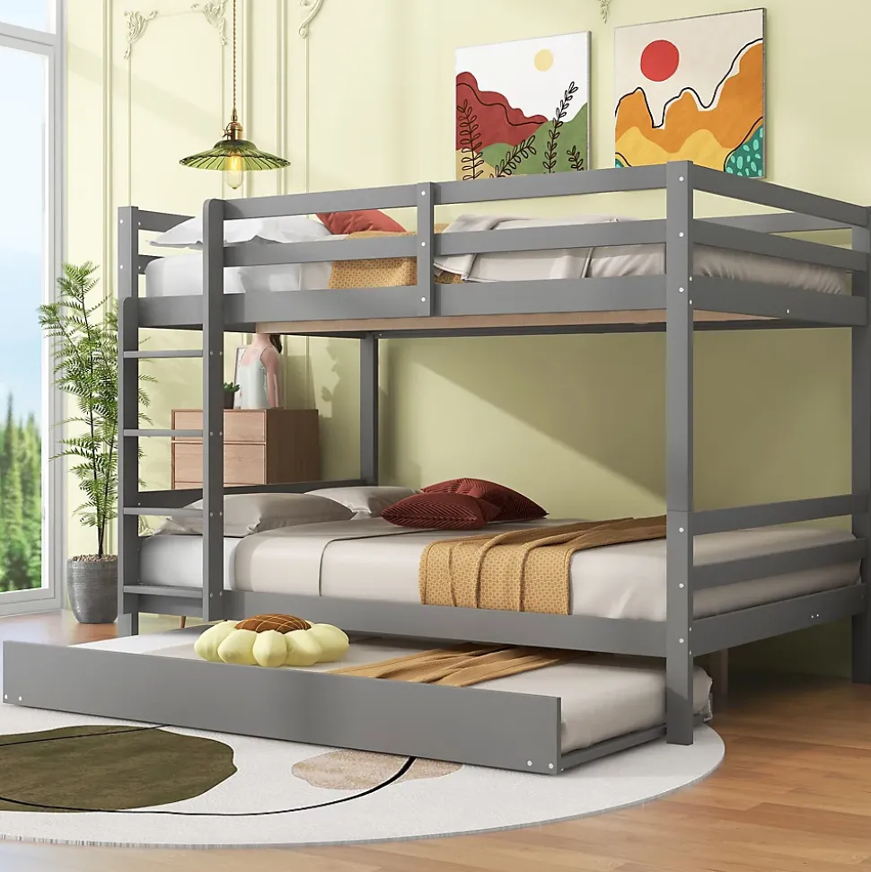 Lit superposé 140x200 cm avec lit gigogne et escalier intégré, structure pin/MDF grise