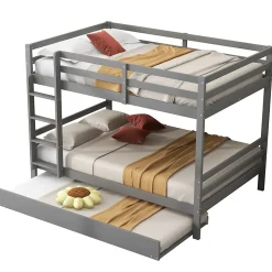 Lit superposé 140x200 cm avec lit gigogne et escalier intégré, structure pin/MDF grise