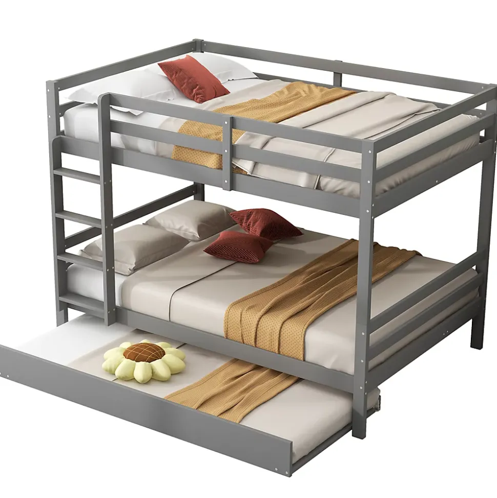 Lit superposé 140x200 cm avec lit gigogne et escalier intégré, structure pin/MDF grise