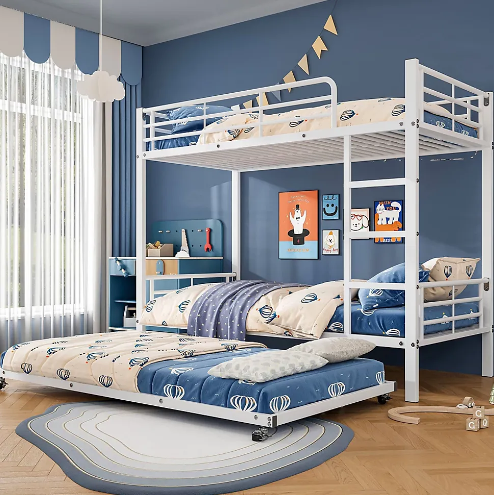 Lit superposé 90x200 cm avec lit gigogne et échelle intégrée, structure métal blanche, gain de place