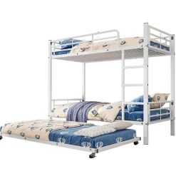 Lit superposé 90x200 cm avec lit gigogne et échelle intégrée, structure métal blanche, gain de place