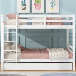 Lit superposé 140x200 cm avec lit gigogne et échelle intégrée, structure en pin et MDF, finition blanche et garde-corps hauts