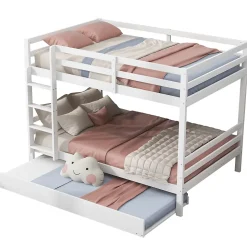 Lit superposé 140x200 cm avec lit gigogne et échelle intégrée, structure en pin et MDF, finition blanche et garde-corps hauts