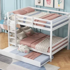 Lit superposé 140x200 cm avec lit gigogne et échelle intégrée, structure en pin et MDF, finition blanche et garde-corps hauts