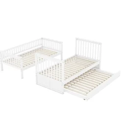 Lit superposé 90x200 cm avec lit gigogne et échelle intégrée en pin blanc, modulable, gain de place