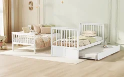 Lit superposé 90x200 cm avec lit gigogne et échelle intégrée en pin blanc, modulable, gain de place