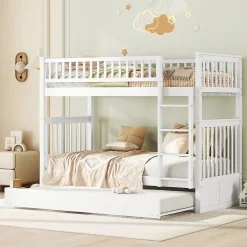 Lit superposé 90x200 cm avec lit gigogne et échelle intégrée en pin blanc, modulable, gain de place