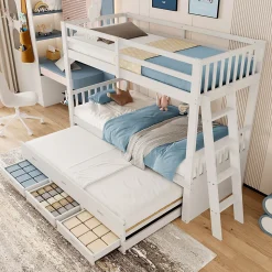 Lit Superposé 90x200 cm avec Lit Gigogne et 3 Tiroirs - Bois de Pin et MDF - Sans Matelas - Blanc