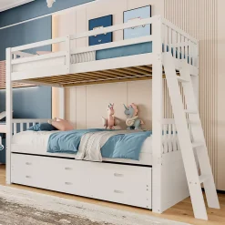 Lit Superposé 90x200 cm avec Lit Gigogne et 3 Tiroirs - Bois de Pin et MDF - Sans Matelas - Blanc