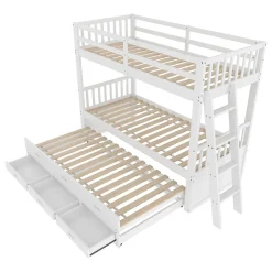 Lit Superposé 90x200 cm avec Lit Gigogne et 3 Tiroirs - Bois de Pin et MDF - Sans Matelas - Blanc