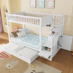 Lit superposé 90x200 cm avec lit gigogne et armoire intégrée, escalier coffre en pin blanc