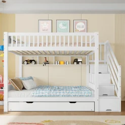 Lit superposé 90x200 cm avec lit gigogne et armoire intégrée, escalier coffre en pin blanc