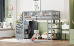 Lit superposé 90x200 cm avec rangements intégrés et échelle de sécurité en bois massif, gain de place