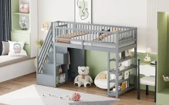 Lit superposé 90x200 cm avec rangements intégrés et échelle de sécurité en bois massif, gain de place