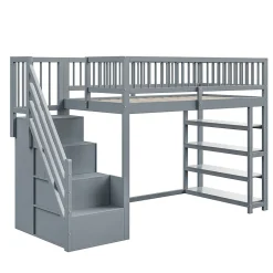 Lit superposé 90x200 cm avec rangements intégrés et échelle de sécurité en bois massif, gain de place