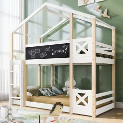 Lit superposé 90x200 cm avec sommier inclus et échelle intégrée, toit ludique et tableau, pin massif/MDF blanc