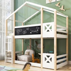 Lit superposé 90x200 cm avec sommier inclus et échelle intégrée, toit ludique et tableau, pin massif/MDF blanc