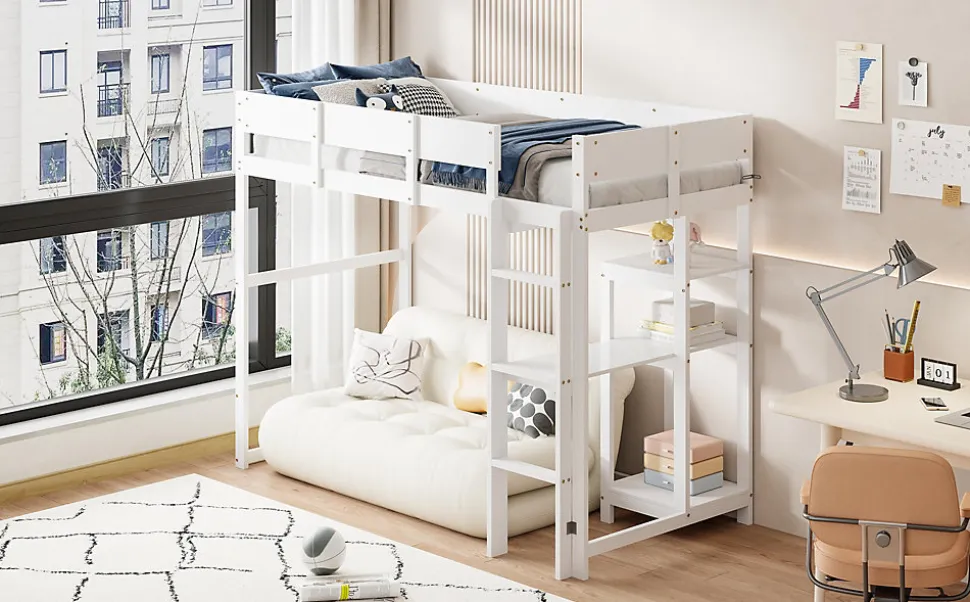 Lit superposé 90x200 cm avec étagère intégrée et garde-corps, structure en pin massif blanc, solution gain de place