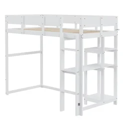 Lit superposé 90x200 cm avec étagère intégrée et garde-corps, structure en pin massif blanc, solution gain de place