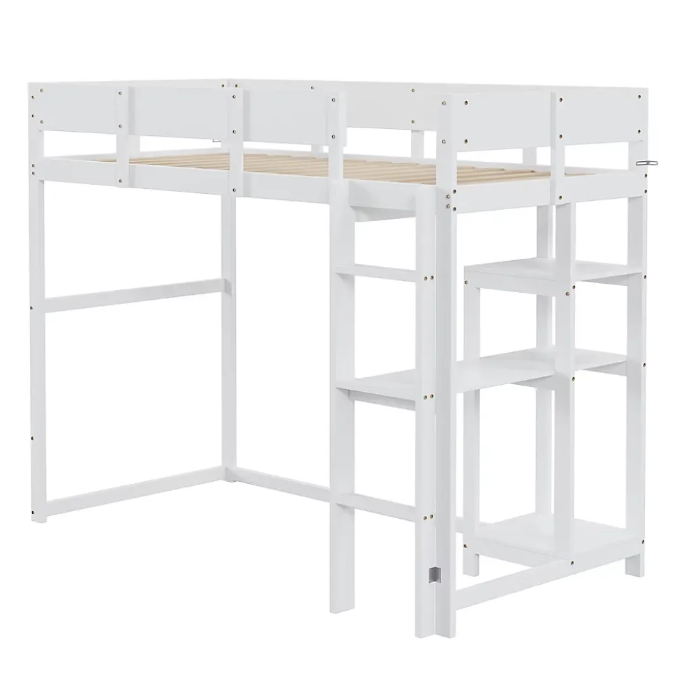 Lit superposé 90x200 cm avec étagère intégrée et garde-corps, structure en pin massif blanc, solution gain de place