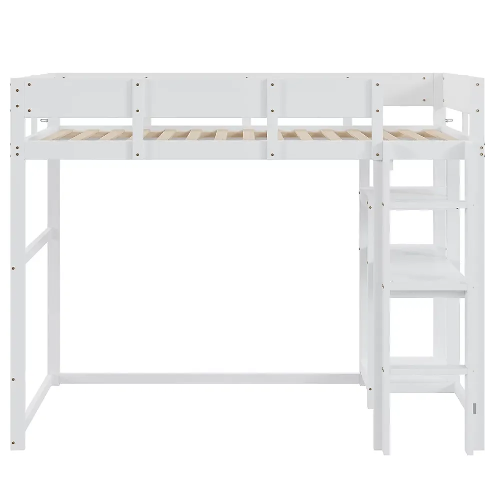 Lit superposé 90x200 cm avec étagère intégrée et garde-corps, structure en pin massif blanc, solution gain de place