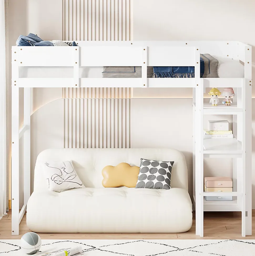 Lit superposé 90x200 cm avec étagère intégrée et garde-corps, structure en pin massif blanc, solution gain de place