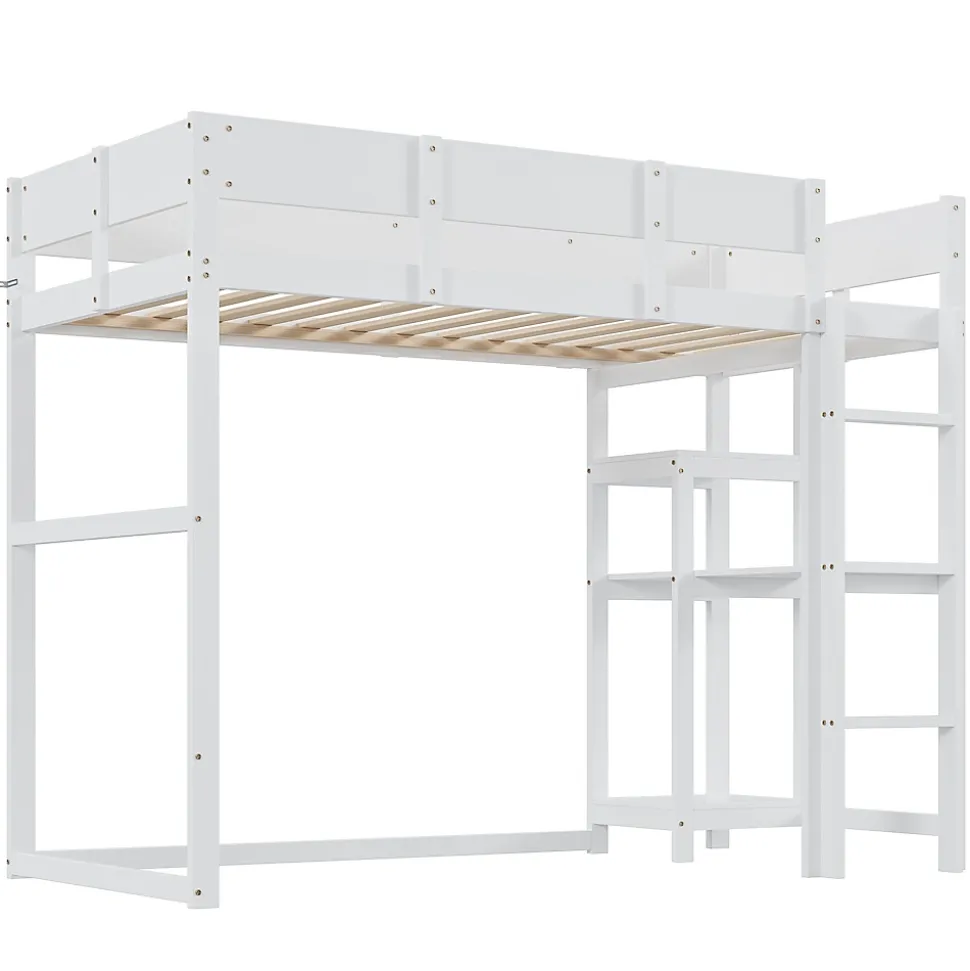 Lit superposé 90x200 cm avec étagère intégrée et garde-corps, structure en pin massif blanc, solution gain de place