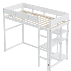 Lit superposé 90x200 cm avec étagère intégrée et garde-corps, structure en pin massif blanc, solution gain de place