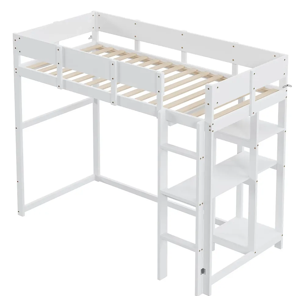 Lit superposé 90x200 cm avec étagère intégrée et garde-corps, structure en pin massif blanc, solution gain de place