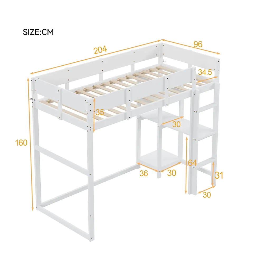 Lit superposé 90x200 cm avec étagère intégrée et garde-corps, structure en pin massif blanc, solution gain de place