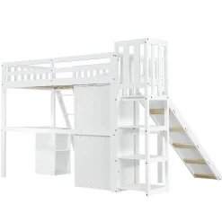 Lit superposé 90x200 cm avec table, armoire, sécurité, échelle 4 marches, cadre bois