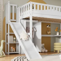 Lit superposé 90x200 cm avec table, armoire, sécurité, échelle 4 marches, cadre bois