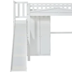 Lit superposé 90x200 cm avec table, armoire, sécurité, échelle 4 marches, cadre bois