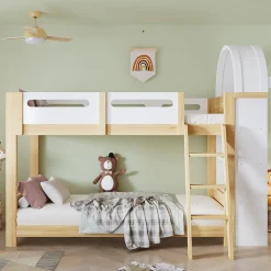 Lit superposé 90x200 cm avec étagère 3 niveaux et échelle 3 marches en pin massif/MDF