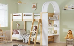 Lit superposé 90x200 cm avec étagère 3 niveaux et échelle 3 marches en pin massif/MDF