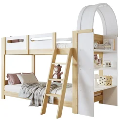 Lit superposé 90x200 cm avec étagère 3 niveaux et échelle 3 marches en pin massif/MDF