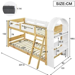 Lit superposé 90x200 cm avec étagère 3 niveaux et échelle 3 marches en pin massif/MDF