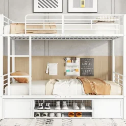 Lit superposé 90x200 cm avec étagère à chaussures intégrée et échelle 3 marches, métal blanc