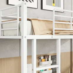 Lit superposé 90x200 cm avec étagère à chaussures intégrée et échelle 3 marches, métal blanc