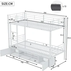 Lit superposé 90x200 cm avec étagère à chaussures intégrée et échelle 3 marches, métal blanc