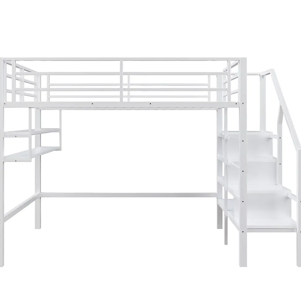 Lit superposé 140x200 cm avec étagères intégrées et échelle de rangement, structure métal blanche